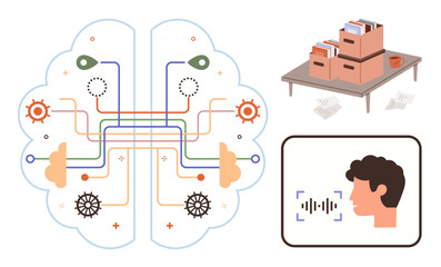 Brain with network pathways, boxes with files on a table, and face with soundwaves. Ideal for AI, data organization, machine learning, cognitive science, memory, speech processing simple flat