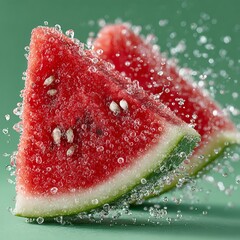 Juicy watermelon slices glistening with refreshing water droplets, perfect for summer refreshment and vibrant food concepts.