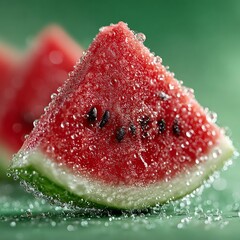 Juicy watermelon slices glistening with refreshing water droplets evoke summer delight and vibrant refreshment for healthy eating and beverage concepts.