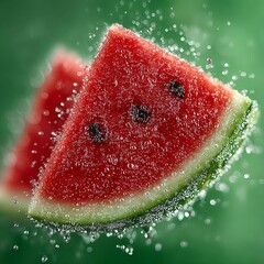 Refreshing watermelon slices glistening with water droplets, perfect for summer campaigns and healthy living visuals