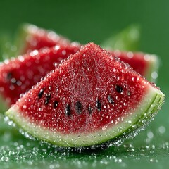 Juicy, refreshing watermelon slices glistening with fresh water droplets, perfect for summer promotions and healthy lifestyle content.