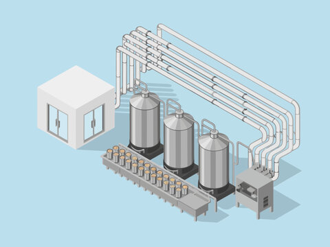 Chemical processing factory, interconnected pipes with storage tanks, control room building, industrial equipment layout, engineering infrastructure vector illustration