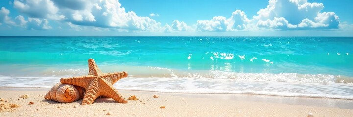 Sun-kissed sand meets a vibrant blue ocean under a bright summer sky  Perfect for travel, vacation, or summer themed projects  Seashells, waves, and beach vibes abound ,  vacation,  sunshine