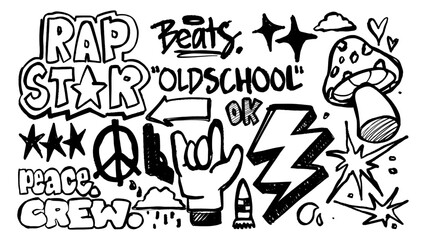 Graffiti vector set with peace signs, crew letters, and urban hip hop style. Perfect for street art branding and expressive creative design.