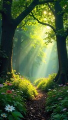 Obraz premium Sunlight dapples through the canopy of a lush, ancient woodland, illuminating a carpet of wildflowers and ferns The air is still and peaceful, a perfect scene of natural beauty , woodland, leaves