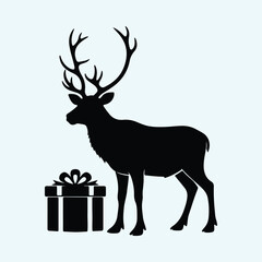 Vector Reindeer with christmas gift standing silhouette illustration