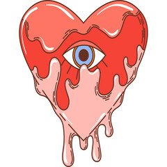 Melting Heart with Eye Illustration in Retro Groovy Style with Pink and Red Tones and Pixelated Detail on Transparent Background