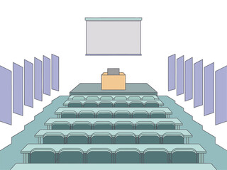 Obraz premium Academic auditorium perspective, screen above stage, many seats arranged neatly, sound panels, college seminar venue, vector illustration