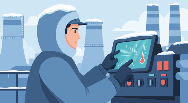 Winter operations analysis at industrial plant control center with technician