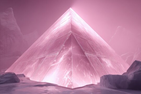 Pink Glowing Pyramid Against Pink Mountains
