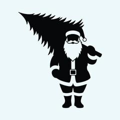 Vector Santa Claus carrying Christmas tree on his shoulder silhouette illustration