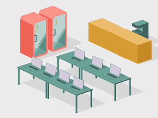 Fototapeta premium Computer training lab, long tables with laptops, colorful lockers and reception counter, classroom technology setup, education facility vector