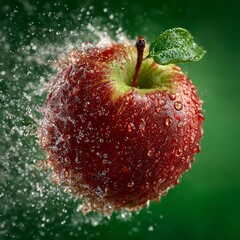 Experience vibrant freshness with a juicy red apple being splashed with water, showcasing its crisp texture and natural beauty in a dynamic, appealing presentation.