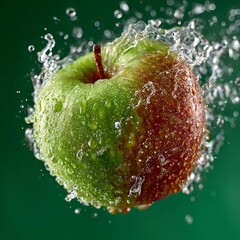 Juicy apple bursting with refreshing water splashes creating a dynamic, vibrant, and healthy splash effect