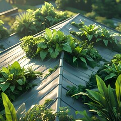 Several types of green plants placed on the roof of a house