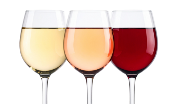 Row of red, rosé, and white wine glasses isolated on transparent background