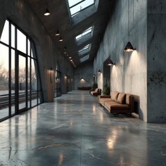 Modern industrial waiting area with plush seating and dramatic skylights, evoking sophisticated urban design and tranquil anticipation.
