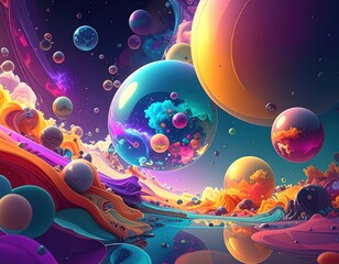Colorful abstract artwork depicting celestial spheres and flowing formations