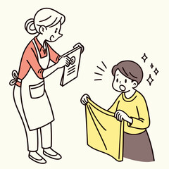 Fototapeta premium A woman in an apron presents a freshly cleaned yellow towel to an impressed customer, possibly showcasing a cleaning service.