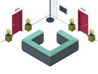 Isometric lobby waiting area, u shaped sectional sofa, red doors and potted plants, screen pole, modern interior vector © BlackVault Designs