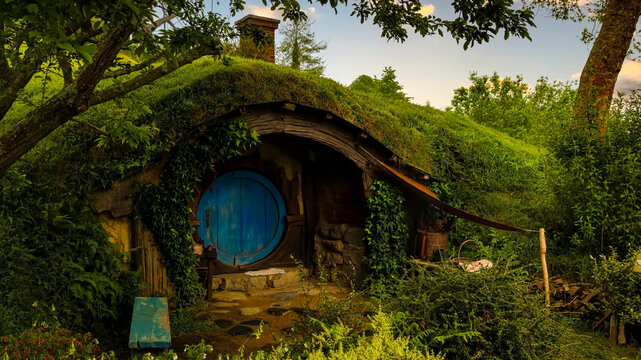 MATAMATA- NEW ZEALAND -NOVEMBER -2- 2022: Hobbiton - movie set created for filming the Lord of the Rings and "Hobbit" movies - Matamata, New Zealand,spring scene