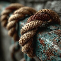 Thick weathered rope securely fastened to rusted metal, evoking nautical themes, strength, and a sense of adventure.
