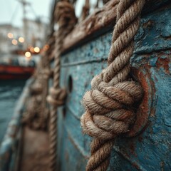 Weathered blue hull of a nautical vessel featuring a thick, knotted rope secure against a rusty mooring ring, evoking maritime adventure and tradition.