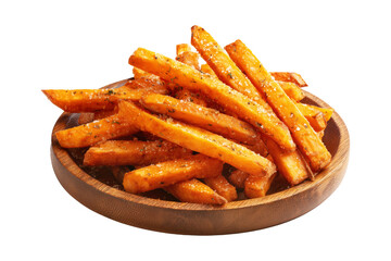 Kumara sweet potato fries with black pepper and herbs on wooden plate, isolated on white transparent background, concept of New Zealand fast food snack