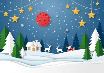 Naklejka premium Merry Christmas and Happy New Year greeting card in a paper cut style. Vector illustration of a winter landscape with Santa Claus and his reindeer flying over a snowy village at night. 