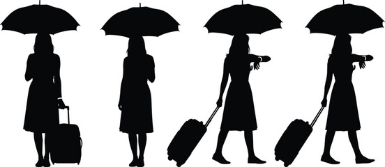 Silhouette traveler, umbrella pose, suitcase motion, walking sequence, travel action, airport vibe, journey concept, rainy day, modern commute, vector art