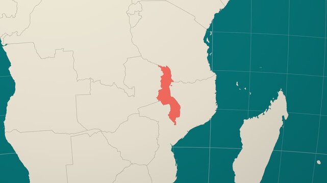 Malawi map. Animated zoom into the country on the Globe in Teal Pale Mint color palette. Country logo animation. Map with meridians, parallels. Neat video.