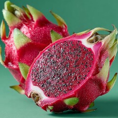 Vibrant red dragon fruit halved revealing juicy pulp and tiny black seeds, glistening with refreshing water droplets on a smooth green background
