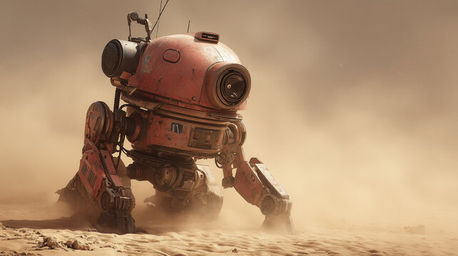 battle-worn exploration robot wandering an alien desert, sense of solitude and resilience.