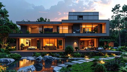Obraz premium A modern home with illuminated interiors and landscaped exteriors