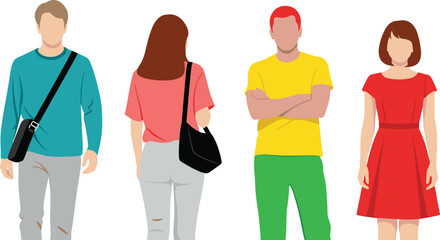 Flat illustration of diverse people standing, casual fashion, urban outfit, character design, trendy clothing, vector art, stylish posture, isolated