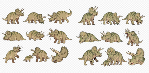 A collection of cartoon triceratops in various poses and stages of life.