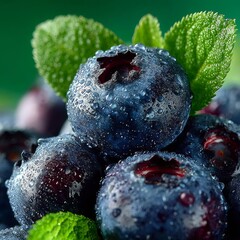 Vibrant blueberries glistening with fresh water droplets, bursting with natural flavor and healthy goodness, perfect for vibrant culinary creations.