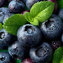Vibrant, plump blueberries glistening with fresh water droplets and bright green leaves, perfect for healthy eating and summer recipes.