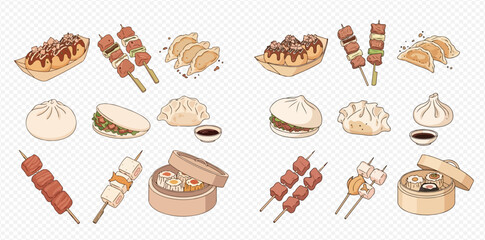Illustration of various Asian street foods, including dumplings, skewers, and buns.