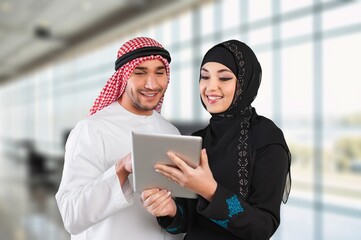Muslim people greeting, conversation in Islamic community.