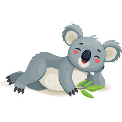 Cute Cartoon Koala Lying Down with Eucalyptus Leaves on Transparent Background Adorable Australian Wildlife Illustration Gentle Sleepy 