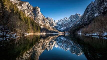 Mountain lake reflected in a serene, calm water.