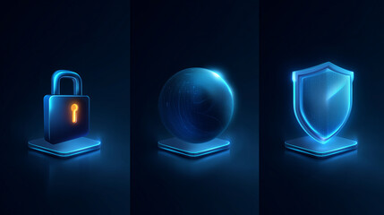 Minimal futuristic glowing lock, globe, and shield icons, symbolizing cybersecurity, encryption, and safe digital technology.