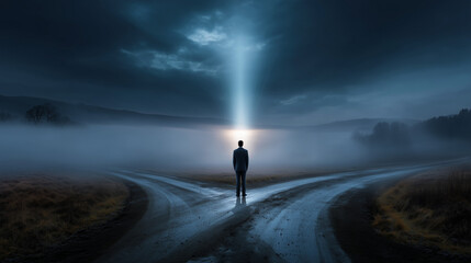 The silhouette of a man standing at a mysterious crossroads under a beam of light on a foggy night, symbolizing choice, destiny, and uncertainty.