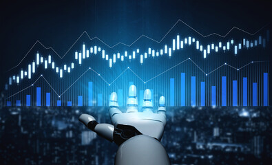 A robotic hand is depicted reaching towards a glowing digital data visualization, illustrating the intersection of technology and finance, representing growth and innovation. Scalp