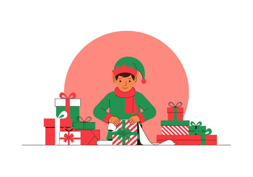 Flat minimalist vector illustration of cheerful fairies wrapping presents, Christmas themed.