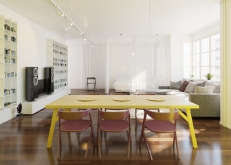 Modern open-plan apartment interior. 3D render of a living and dining space