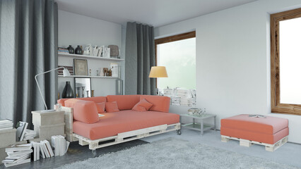 Modern living room interior with upcycled pallet sofa. 3D render