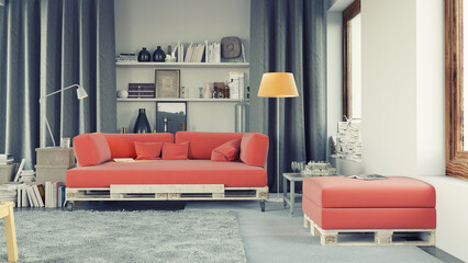 Modern living room with DIY pallet furniture. 3D render of a stylish interior