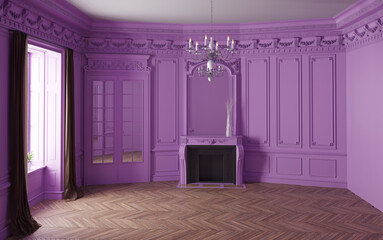 Empty classic interior room in purple with a fireplace. 3D render